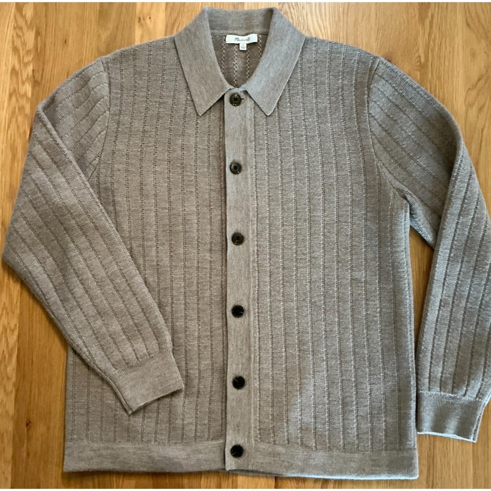 Madewell Merino Wool Cardigan Sweater Small Oatmeal Ribbed Button Front Collared